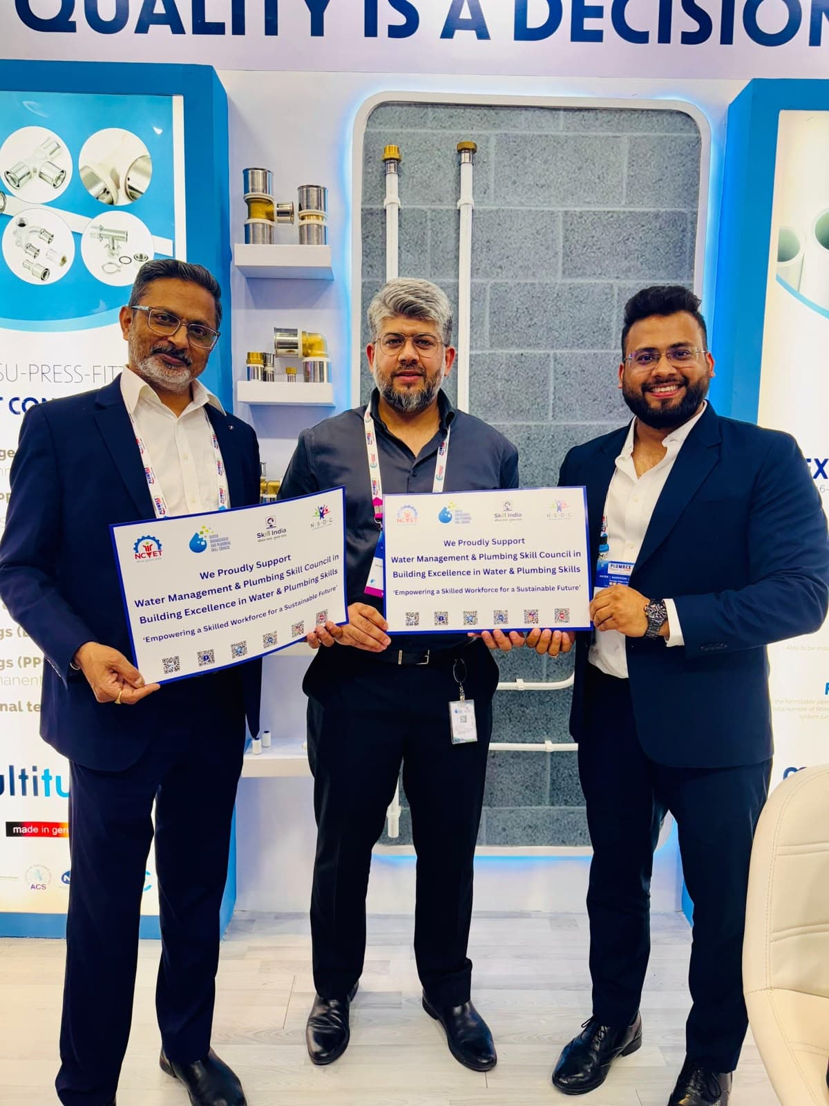 Multitubo representatives engaging with visitors at IPA Plumbex India 2025, Bharat Mandapam