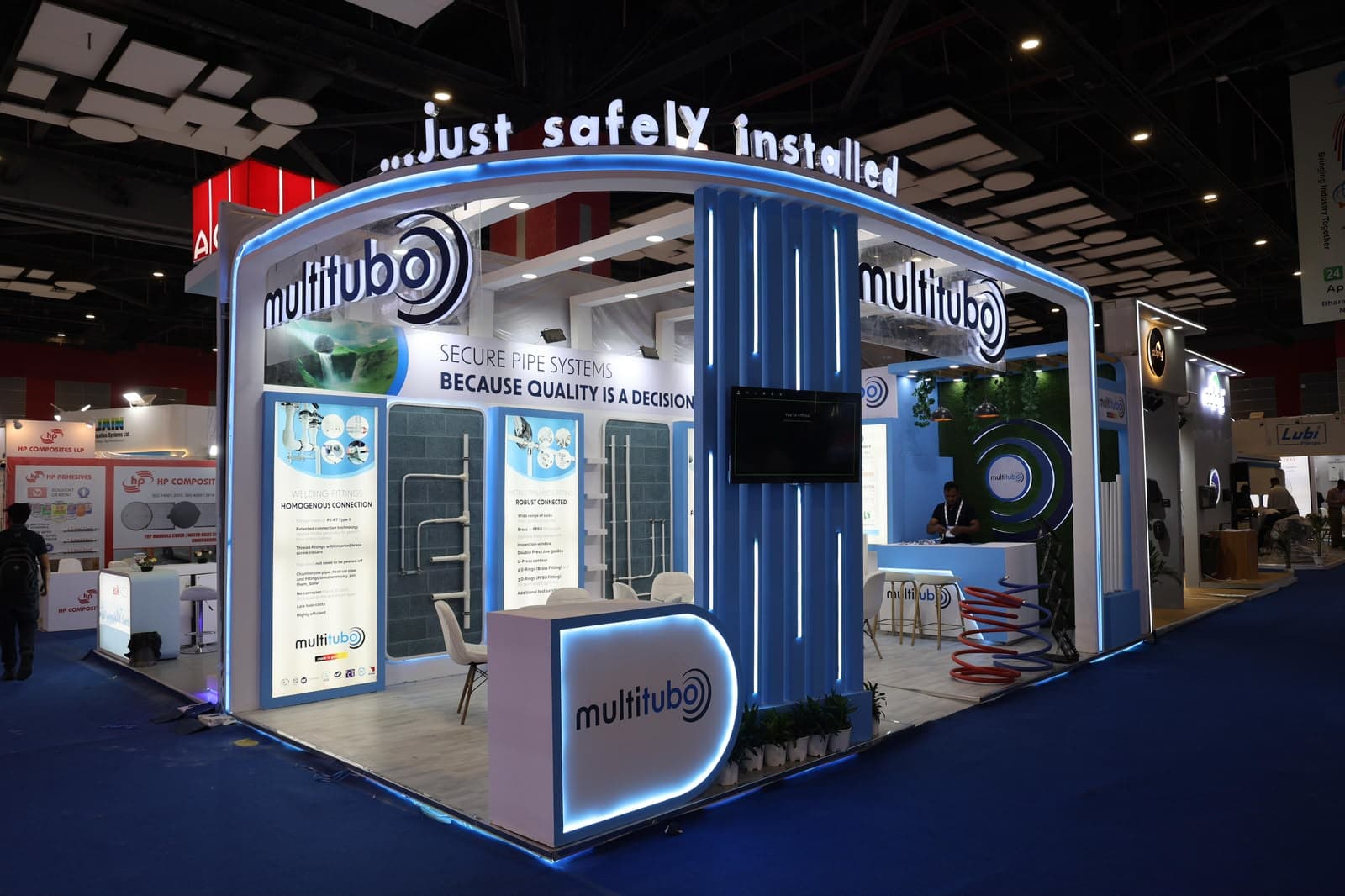 Multitubo exhibition booth at IPA Plumbex India 2025 with Secure Pipe Systems branding